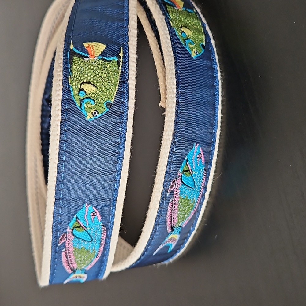 Leather Man Fish Patterned Canvas Belt with Gold Buckle, size large - Picture 4 of 9